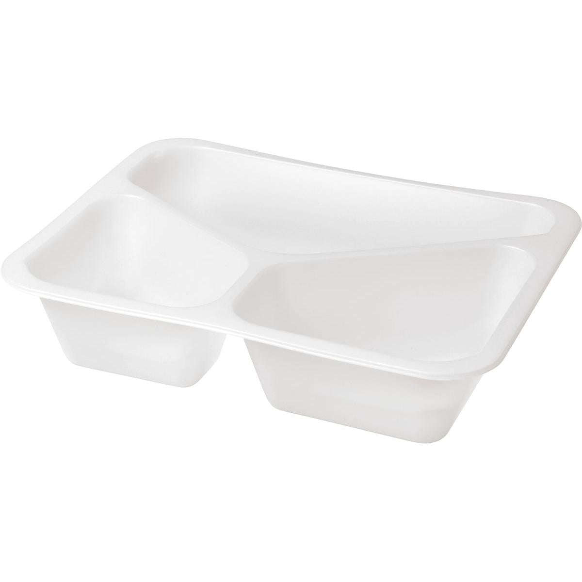 Duni GmbH Siegelschale Caterline 3 Alb Bioplastic 227x178x50 cu trei compartimente este o soluție de ambalare ecologică pentru catering, disponibilă într-un pachet de 216 bucăți.