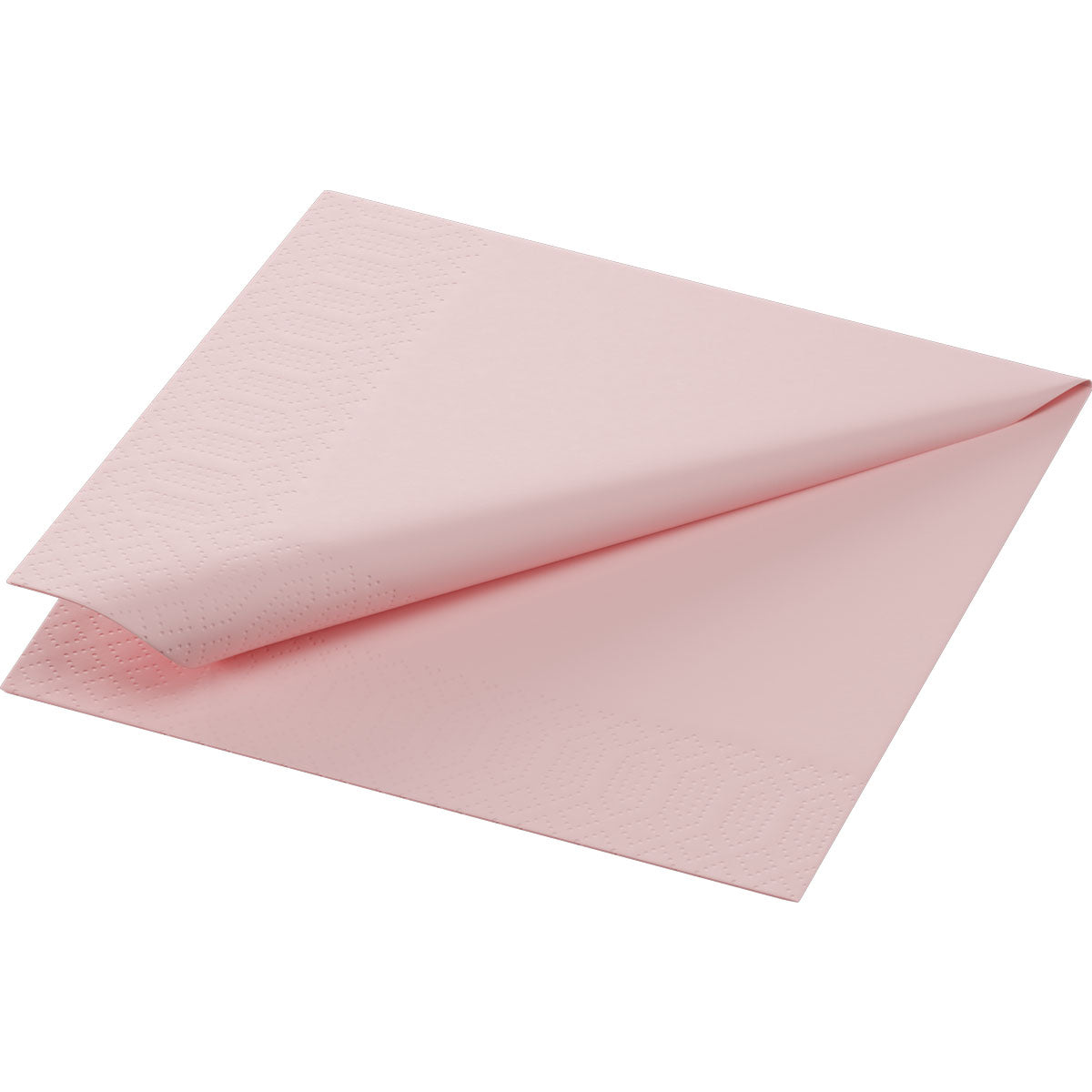 Un singur șervețel roz pal de la Duni GmbH, dimensiuni 24x24 cm, 3 straturi, pliat curat cu margini texturate și un colț ridicat, arată designul său simplu. Ambalaj: 250 de șervețele.
