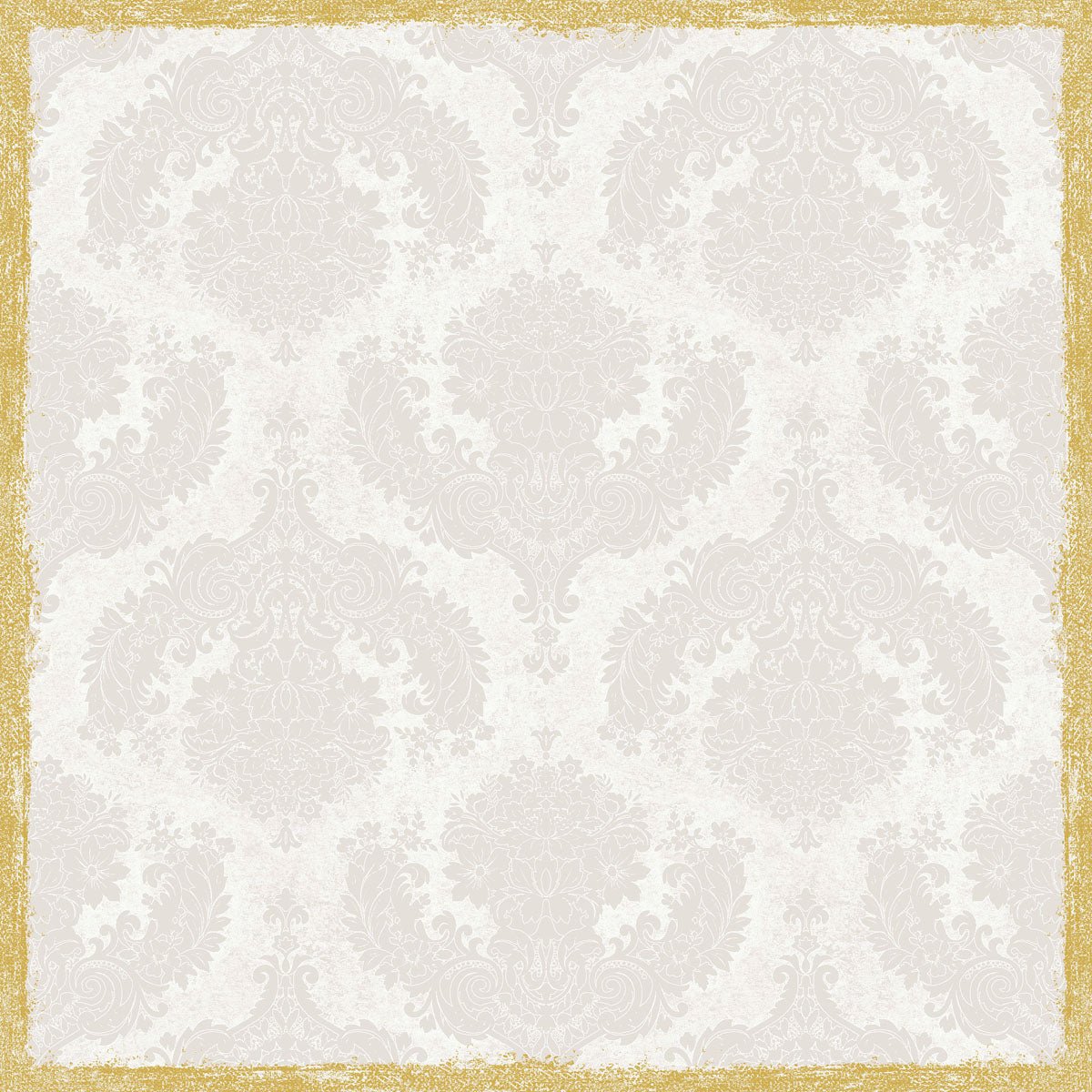 Un fundal damasc gri deschis cu forme florale ornamentate este încadrat de o ramă aurie texturată, amintind de fața de masă Dunicel 84x84 cm, Royal White | Pachet (20 bucăți) de la Duni GmbH.