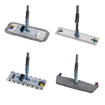 Suportul mopului din oțel inoxidabil Vileda Professional SprayPro de la Vileda GmbH include patru tipuri de mopuri plate cu tampoane de curățare unice și mânere lungi. Două mopuri din sistemul de curățare a podelelor au margini cu franjuri, altele sunt netede; toate dispun de capete de mop detașabile pentru curățare versatilă.