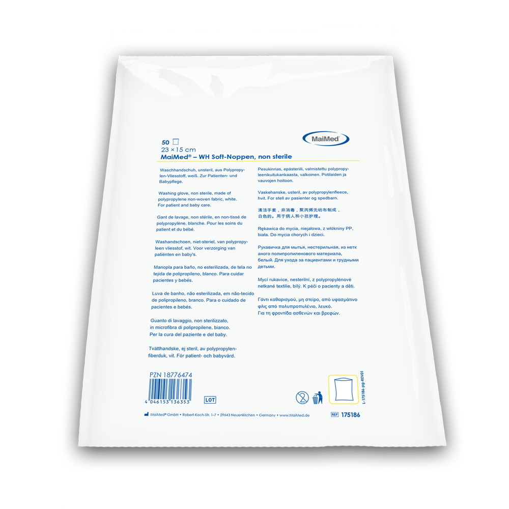 Mănușă de spălat MaiMed nuturi moi, alb nesteril, din lână, 50 buc/sac de polietilenă | Pachet (50 bucăți)