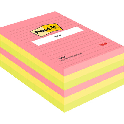 Un pachet de 6 bucăți de notițe Post-it® mari, liniate (101 x 152 mm) în diverse culori neon de la 3M Deutschland GmbH, certificat PEFC (SGSCH-PEFC-COC-110078), cu logo-ul Post-it și 3M vizibil pe foaia de deasupra.