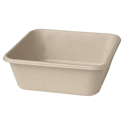 Die Box Bagasse Braun der Duni GmbH ist eine rechteckige, beigefarbene, biologisch abbaubare Box mit leicht abgerundeten Ecken und strukturierter Oberfläche, hergestellt aus umweltfreundlichem Faserformstoff (Bagasse) für nachhaltige Verpackungen.