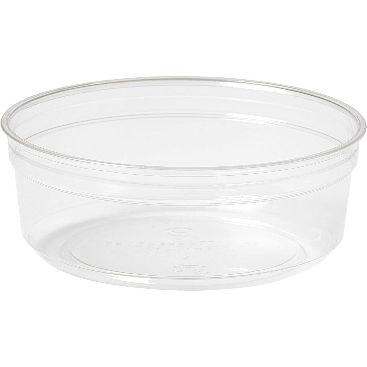 Die Deli-Schale Crystal, transparent der Duni GmbH ist eine klare, runde Servierschale ohne Deckel, die leer vor einem weißen Hintergrund abgebildet ist. Das transparente Design offenbart geprägte Markierungen auf dem Boden.