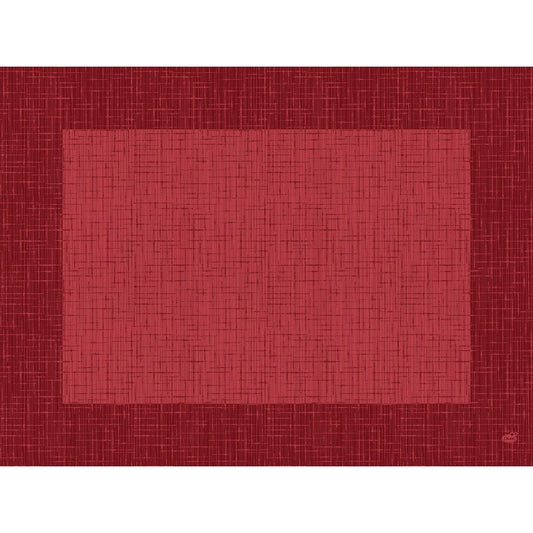 Ein rotes Quadrat mit einem strukturierten, gitterähnlichen Muster ist auf einem dunkelroten Hintergrund zentriert. Beides erinnert an den gewebten Look der Dunicel-Tischsets 30 x 40 cm Linnea bordeaux der Duni GmbH (Packung 500 Stück).