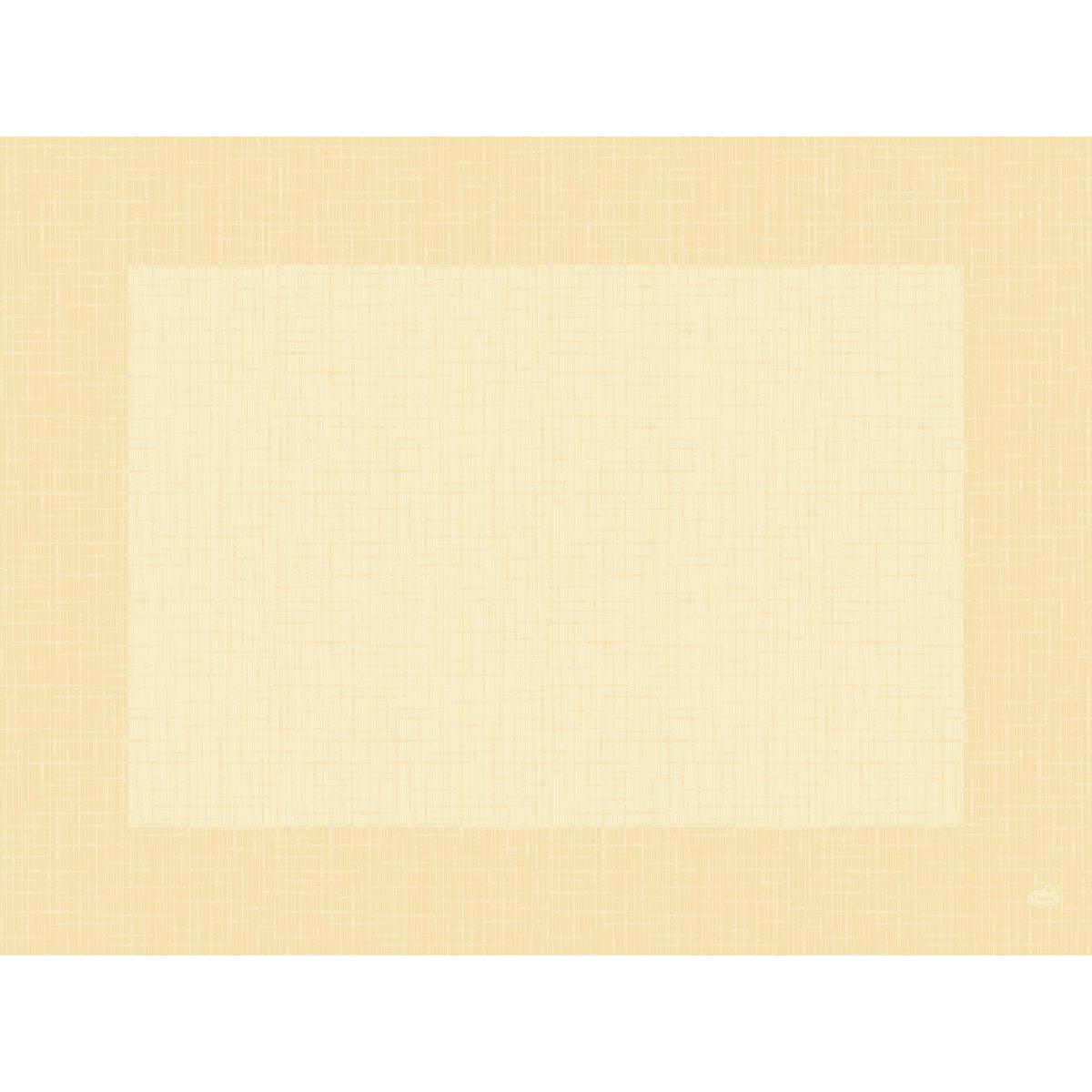 Ein digitales Bild mit einem großen, cremefarbenen Quadrat auf einem hellbeigen, schraffierten Hintergrund, das den raffinierten Stil der Dunicel-Tischsets 30 x 40 cm Linnea creme von Duni GmbH widerspiegelt. In der rechten unteren Ecke erscheint ein dezentes, rundes Logo.