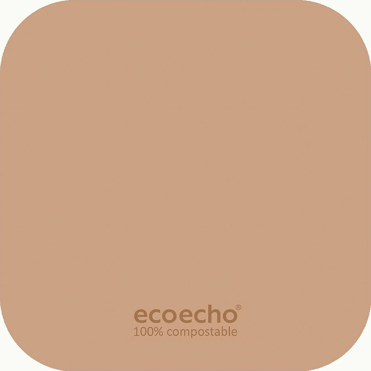 Un pătrat cu colțuri rotunjite în maro deschis. "EcoEcho 100% compostabil" cu litere mici în partea de jos - ideal ca suport de pânză Duni GmbH 8,5x8,5 cm cu 8 straturi (250 de bucăți) pentru evenimente ecologice.