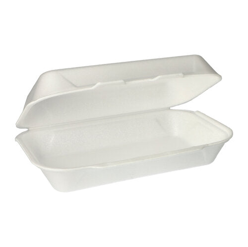 O cutie albă Starpak multifuncțională (XPS, 1800 ml, 7,5 x 24 x 13,3 cm) cu capac rabatabil este deschisă și oferă o privire asupra interiorului gol - ideală pentru utilizare versatilă. Cutia este livrată ambalată în folie termocontractibilă în pachet de 100.