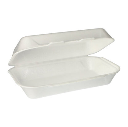 O cutie albă Starpak multifuncțională (XPS, 1800 ml, 7,5 x 24 x 13,3 cm) cu capac rabatabil este deschisă și oferă o privire asupra interiorului gol - ideală pentru utilizare versatilă. Cutia este livrată ambalată în folie termocontractibilă în pachet de 100.