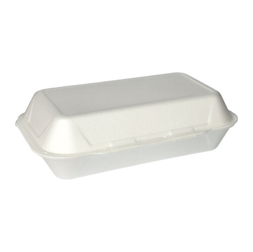 Pe un fundal alb simplu este ilustrată o cutie închisă albă Starpak 100 cu capac rabatabil pentru takeaway (XPS, 1800 ml, 7,5 x 24 x 13,3 cm).
