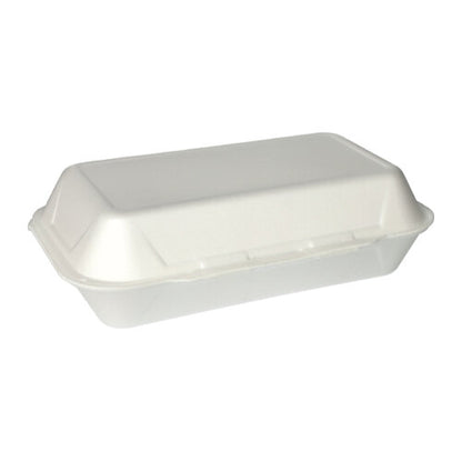Pe un fundal alb simplu este ilustrată o cutie închisă albă Starpak 100 cu capac rabatabil pentru takeaway (XPS, 1800 ml, 7,5 x 24 x 13,3 cm).