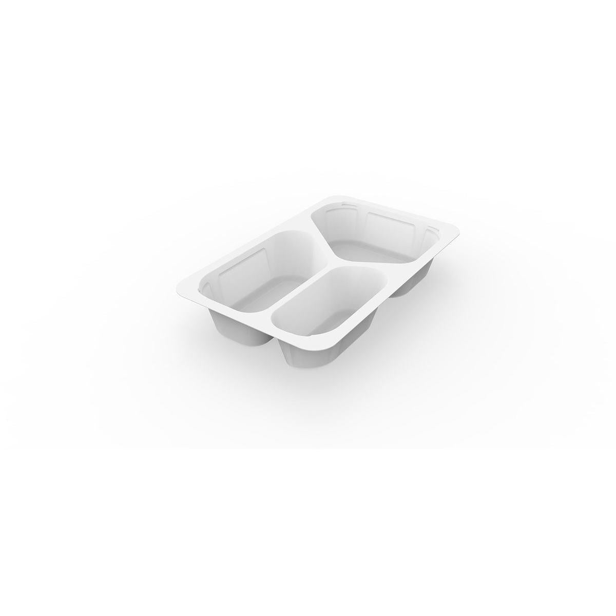 Un castron alb 1/4 GN Menüs de la Duni GmbH (PP/MIN, 265x162x45 mm) cu colțuri rotunjite și margini ridicate este ilustrat pe un fundal alb, ideal ca ambalaj pentru gastronomie pentru un serviciu practic de mese. Pachetul conține 225 de bucăți.