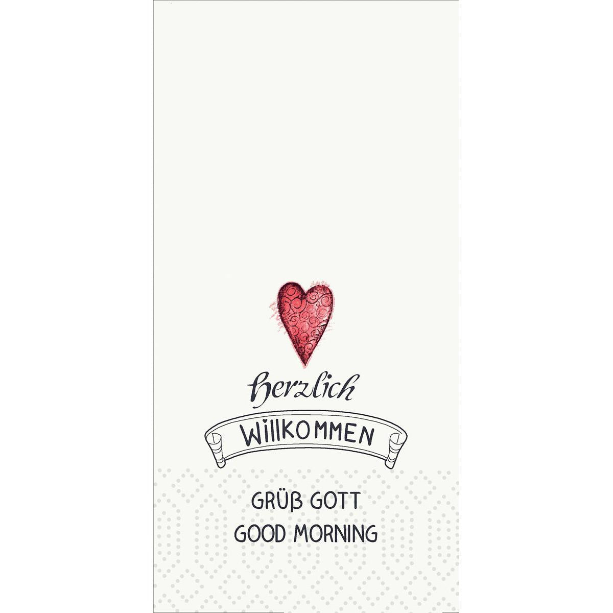 Ein rotes strukturiertes Herz toppt "herzlich willkommen", "GRÜß GOTT" und "GOOD MORNING" auf einem weißen Duni GmbH Zelltücher 33x33 cm, 2-lagig, Herzl. Willkommen (300 Servietten), ideal als Begrüßungsservietten für besondere Anlässe.