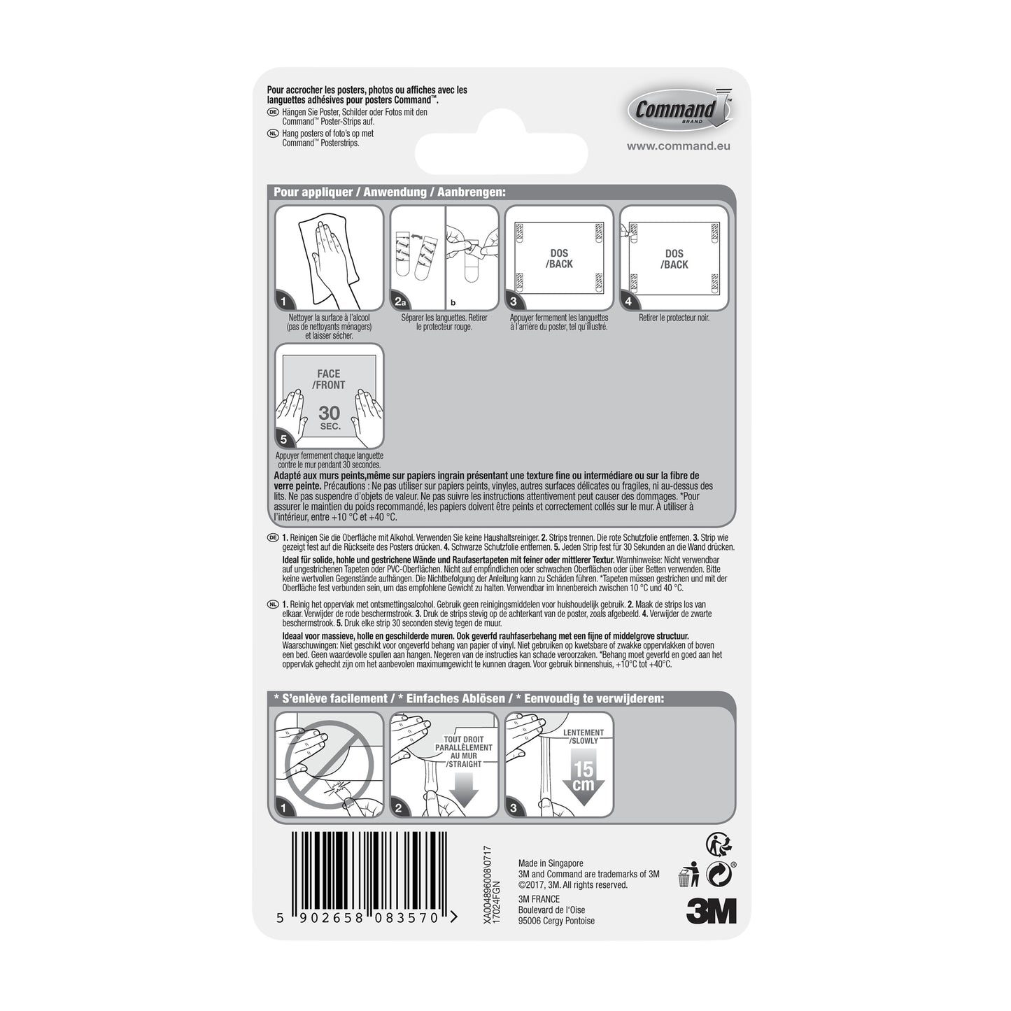 Partea din spate a unui pachet de Command™ Poster-Strips 17024 de la 3M Deutschland GmbH cu instrucțiuni pas cu pas ilustrate pentru fixarea fără reziduuri și fixarea posterelor în mai multe limbi, cu diagrame, cod de bare și branding 3M în dreapta jos.