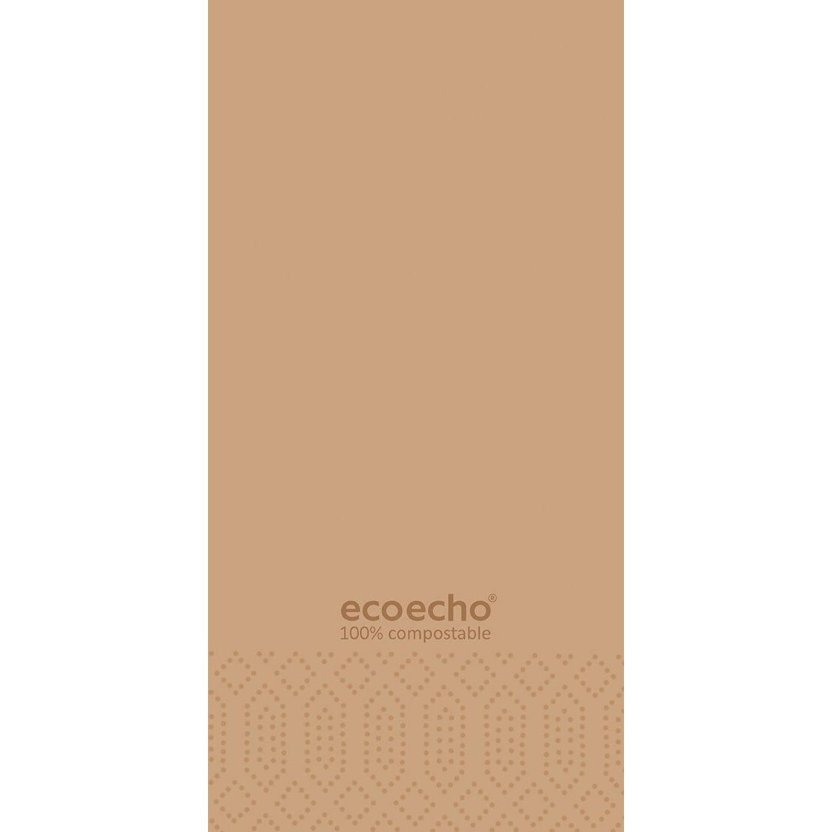 Un fundal maro deschis cu o margine inferioară punctată geometric arată „ecoecho 100% compostabil” în maro și evidențiază aceste șervețele de țesut Duni GmbH 40x40 cm, 3 straturi, 1/8 pliere de carte, EcoEcho. Pachet de 250 de bucăți.