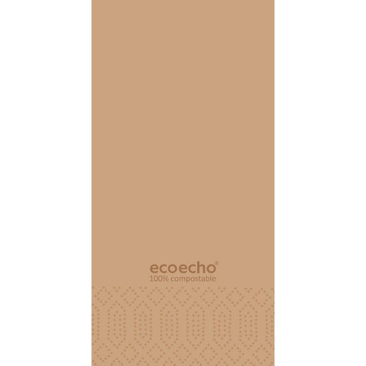 Ein hellbrauner Hintergrund mit einem geometrisch gepunkteten unteren Rand zeigt "ecoecho 100% kompostierbar" in Braun und hebt diese Duni GmbH Zelltuchservietten 40x40 cm, 3-lagig, 1/8 Buchfalz, EcoEcho hervor. Packung mit 250 Stück.