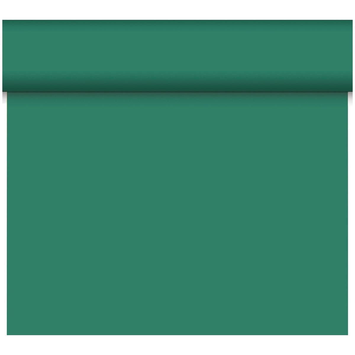 O față de masă Dunicel Tête-à-Tête parțial desfășurată (24 m x 0,4 m, 20 secțiuni) de la Duni GmbH, într-o culoare verde teal unicolor, se întinde în jos și este perfectă pentru decorarea mesei sau ca față de masă stilată.