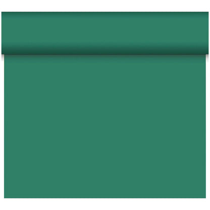 O față de masă Dunicel Tête-à-Tête parțial desfășurată (24 m x 0,4 m, 20 secțiuni) de la Duni GmbH, într-o culoare verde teal unicolor, se întinde în jos și este perfectă pentru decorarea mesei sau ca față de masă stilată.