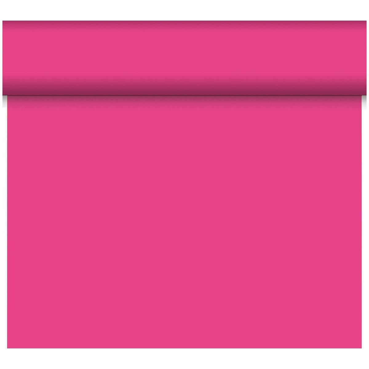 O față de masă Dunicel Tête-à-Tête parțial desfășurată (24 m x 0,4 m, 20 secțiuni) de la Duni GmbH, într-un roz aprins, aruncă o umbră de-a lungul marginii superioare; suprafața sa netedă este perfectă pentru o decorare elegantă a mesei.