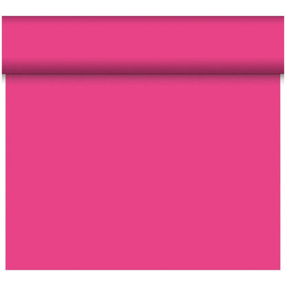 O față de masă Dunicel Tête-à-Tête parțial desfășurată (24 m x 0,4 m, 20 secțiuni) de la Duni GmbH, într-un roz aprins, aruncă o umbră de-a lungul marginii superioare; suprafața sa netedă este perfectă pentru o decorare elegantă a mesei.