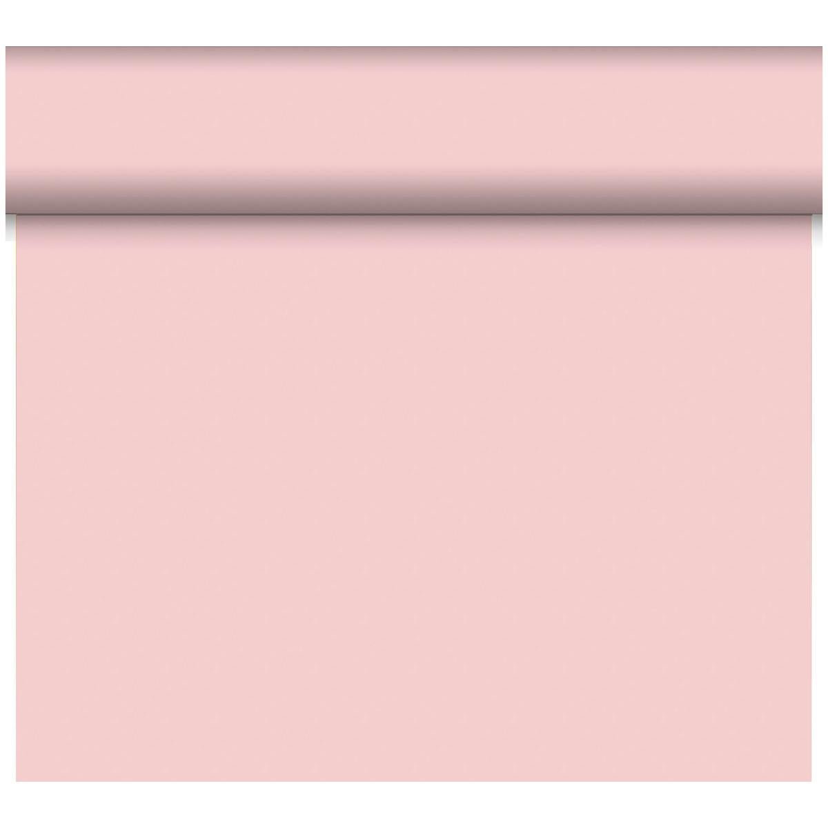 O rolă de față de masă Dunicel Tête-à-Tête 24 m x 0,4 m (20 secțiuni) de la Duni GmbH este desfășurată vertical, prezentând suprafața roz delicată ca decorare stilată a mesei pe un fundal alb.