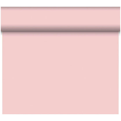 O rolă de față de masă Dunicel Tête-à-Tête 24 m x 0,4 m (20 secțiuni) de la Duni GmbH este desfășurată vertical, prezentând suprafața roz delicată ca decorare stilată a mesei pe un fundal alb.