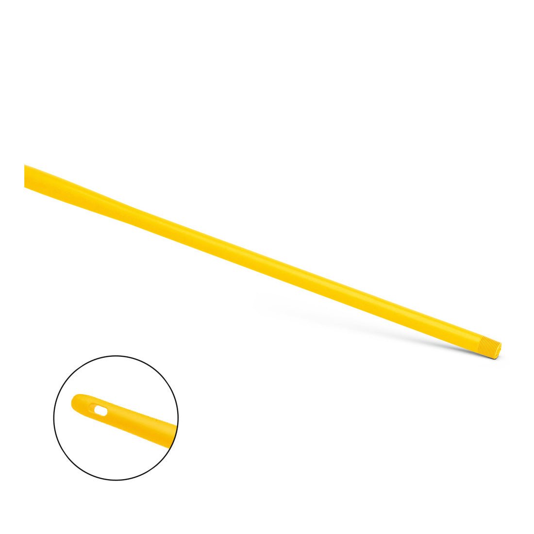 Stilul de plastic Nölle Profi Brush HACCP Ergo de 145 cm de la Nölle Profi Brush Bürsten- & Pinseltechnik e.K. este ilustrat diagonal pe un fundal alb. O inserție evidențiază gaura de agățare, ideală pentru depozitarea igienică și mediul de lucru.