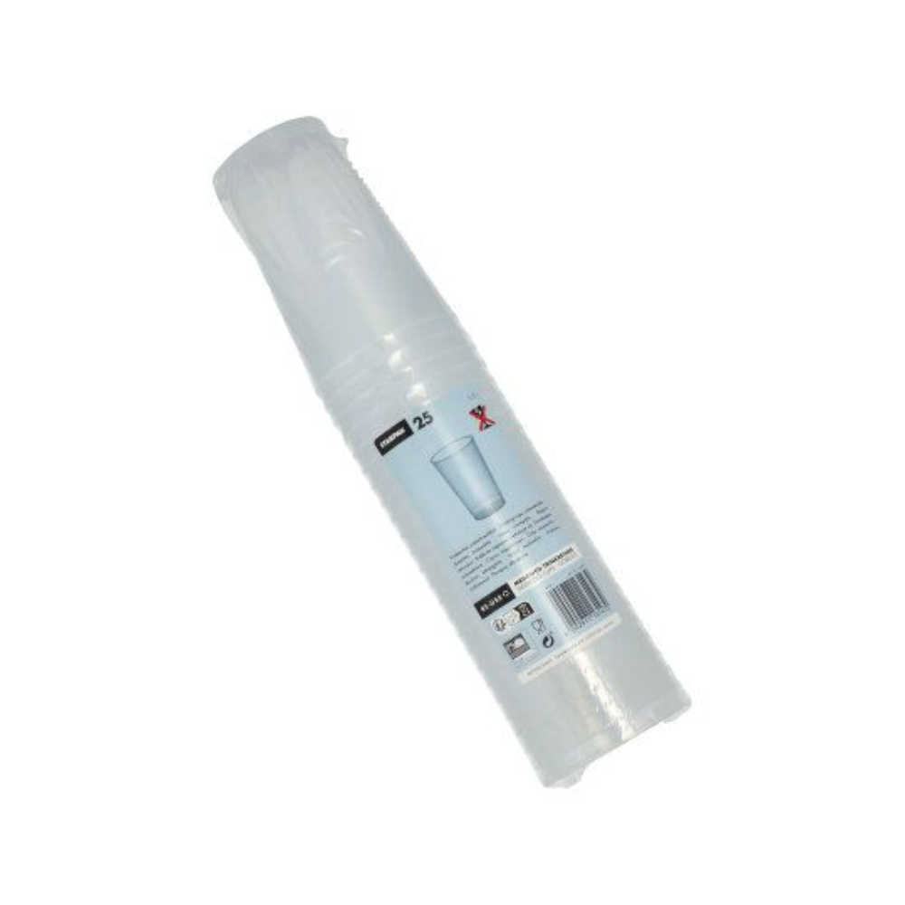 Un pachet de pahare de unică folosință transparente și indestructibile, ambalate în plastic, cu inscripția „Pahar de plastic reutilizabil Starpak (PP) 0,3 l Ø 7,8 cm · 11,8 cm” conține 25 de bucăți. Eticheta este prevăzută cu simboluri de reciclare și un cod de bare, iar paharele sunt stivuite vertical în ambalaj.