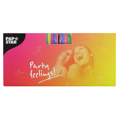 Un ambalaj dreptunghiular roz-galben de la PAPSTAR GmbH arată două femei zâmbitoare, „Sentimente de petrecere!” și o fereastră cu PAPSTAR 3 serpetine 4 m - decorațiune de înaltă calitate în pachet de 3 - în dungi vibrante.