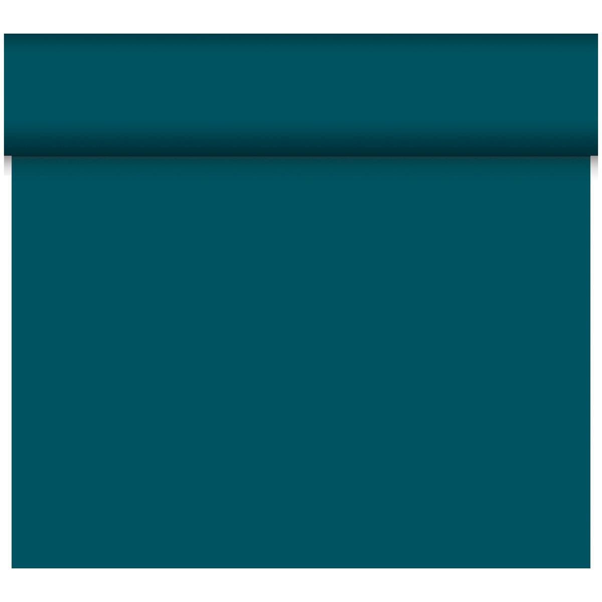 Fața de masă Dunicel Tête-à-Tête 24 m x 0,4 m (20 secțiuni) de la Duni GmbH, în teal, este parțial desfășurată pe un fundal alb - ideală pentru decorări stilate ale mesei sau situații elegante Tête-à-Tête.