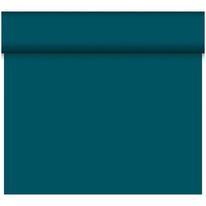 Fața de masă Dunicel Tête-à-Tête 24 m x 0,4 m (20 secțiuni) de la Duni GmbH, în teal, este parțial desfășurată pe un fundal alb - ideală pentru decorări stilate ale mesei sau situații elegante Tête-à-Tête.