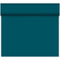 Der Dunicel-Tischläufer Tête-à-Tête 24 m x 0,4 m (20 Abschnitte) der Duni GmbH in teal ist teilweise auf weißem Untergrund ausgerollt - ideal für stilvolle Tischdekorationen oder elegante Tête-à-Tête-Situationen.