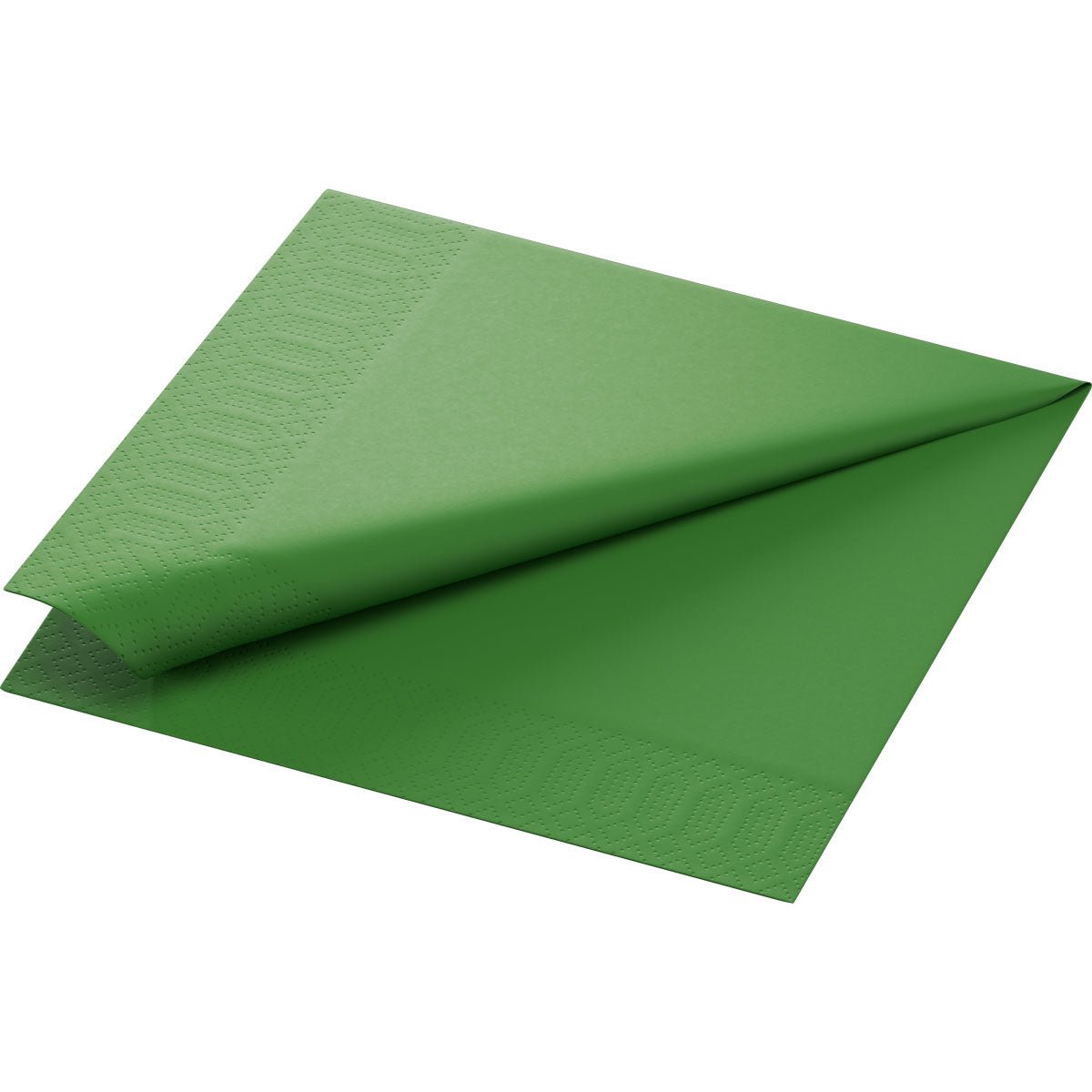 Un șervețel de hârtie verde clorofilă Zellt.Serv. 40x40 cm, cu 3 straturi, de la Duni GmbH, este pliat diagonal pentru a evidenția marginea texturată și suprafața netedă. Pachetul conține 250 de șervețele de înaltă calitate.