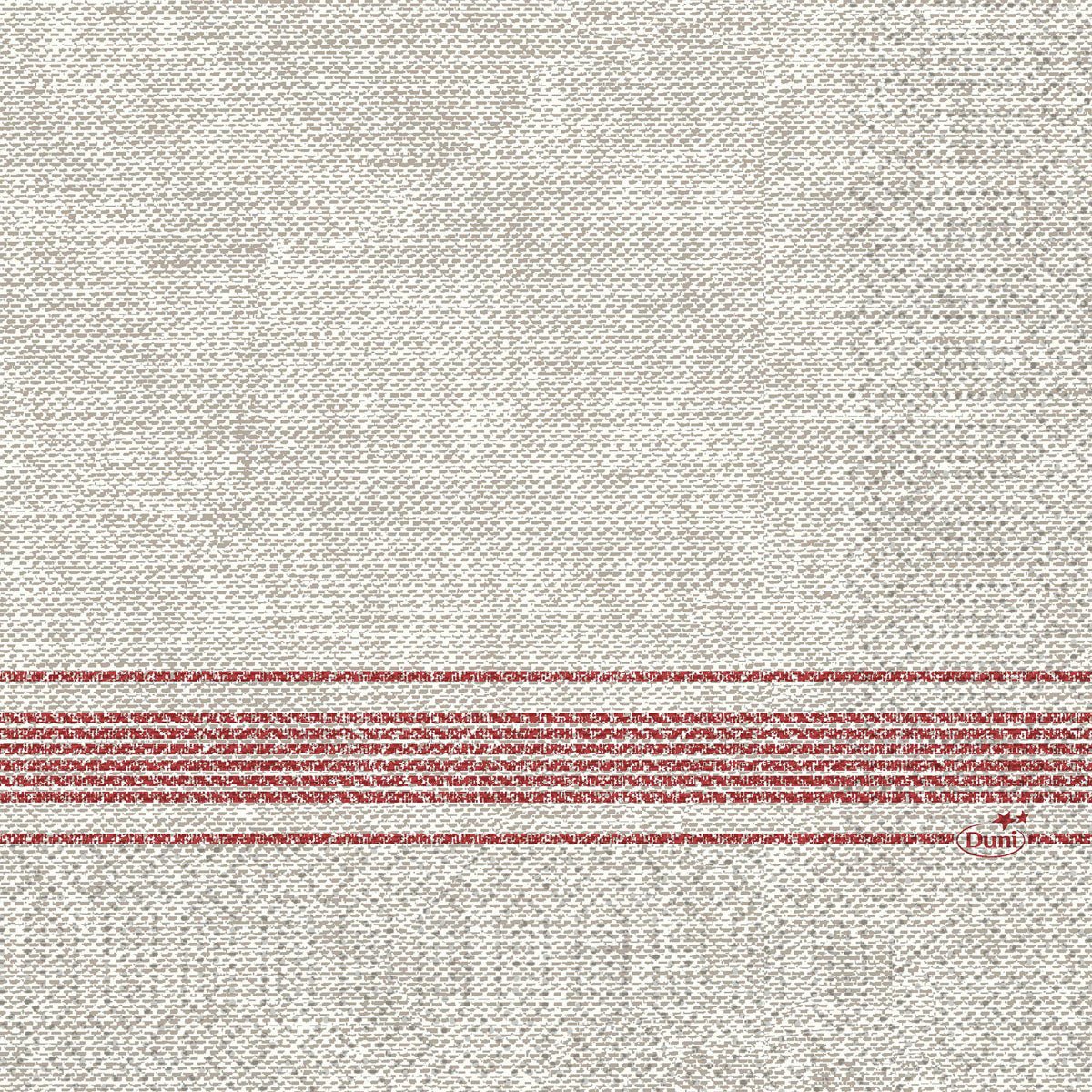 Aceste șervețele din celuloză cu trei straturi, de 33 x 33 cm, de la Duni GmbH în Cocina bordeaux au un material texturat bej cu dungi roșii orizontale și inscripția „Duni” cu roșu la margine; pachetul conține 250 de bucăți.