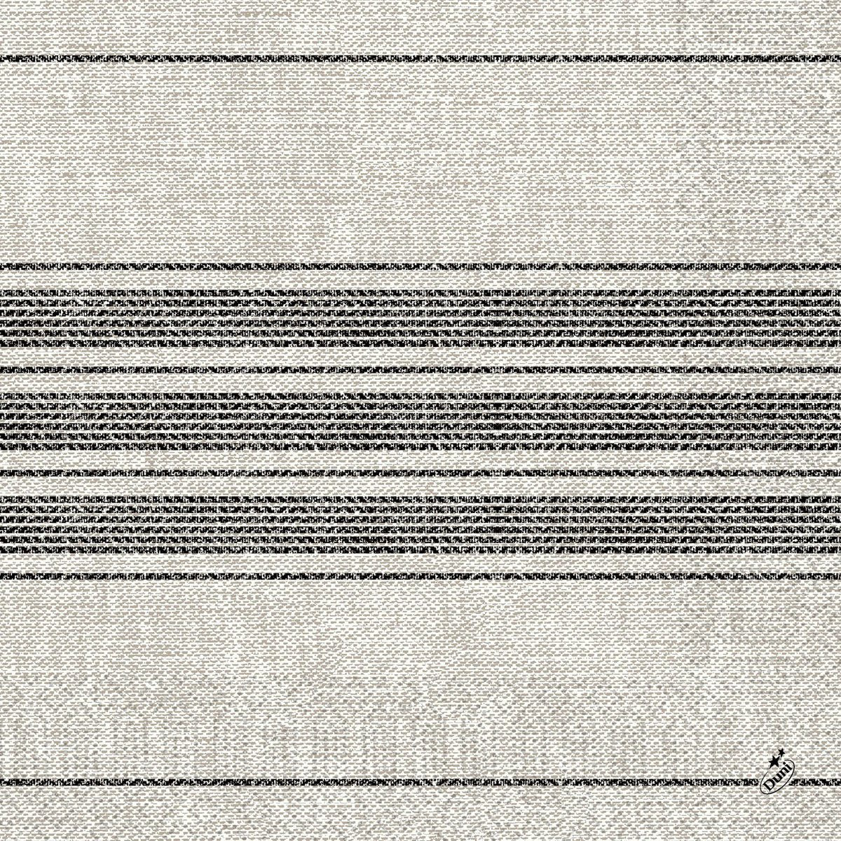 Șervețelele din celuloză ale Duni GmbH (40 x 40 cm, 3 straturi, 1/4 pliere) au un fundal bej deschis cu mai multe dungi negre orizontale. Cu un mic text în colțul din dreapta jos. Disponibil în pachete de 250 sub denumirea Cocina negru.