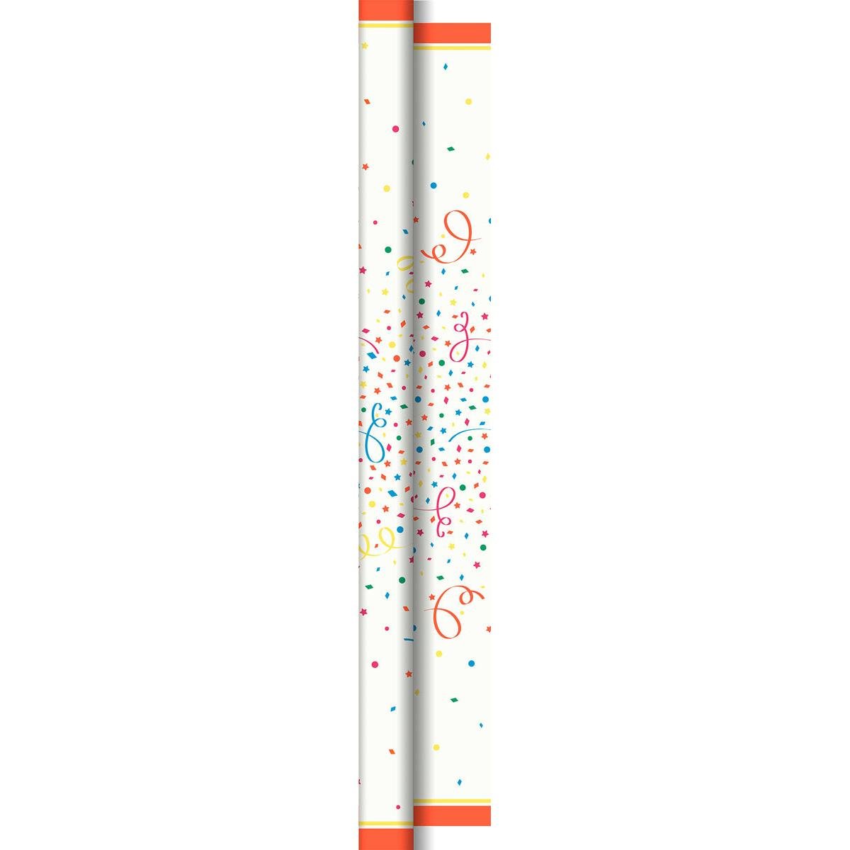 Imagine verticală a rolelor de fețe de masă Dunicel 1,18m x 40 m "Confetti" de la Duni GmbH cu confetti colorate și șerpuiri pe un fundal alb, cu margini portocalii în partea de sus și de jos, precum și puncte, stele și ornamente colorate pentru un aspect festiv.
