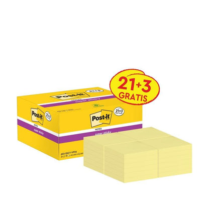 O cutie galbenă 3M Post-it® Super Sticky Notes, Galben (47,6 x 47,6 mm), certificat PEFC, cu eticheta "21+3 Gratis" de la 3M Deutschland GmbH; în față sunt aliniate mai multe teancuri de notițe adezive galbene.