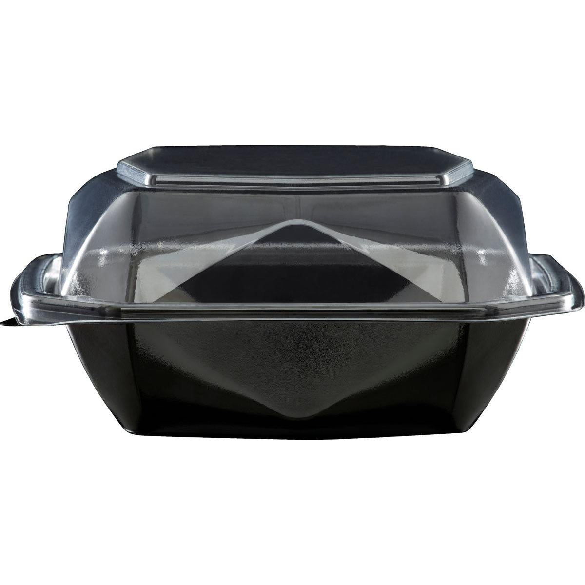 Recipientul alimentar Octaview® S al Duni GmbH (APET 150x150x70, Negru/Transparent) este ilustrat închis și gol, cu un fund negru și un capac cu balama transparent pentru o vizibilitate bună a conținutului. Mărimea pachetului: 400 de bucăți.