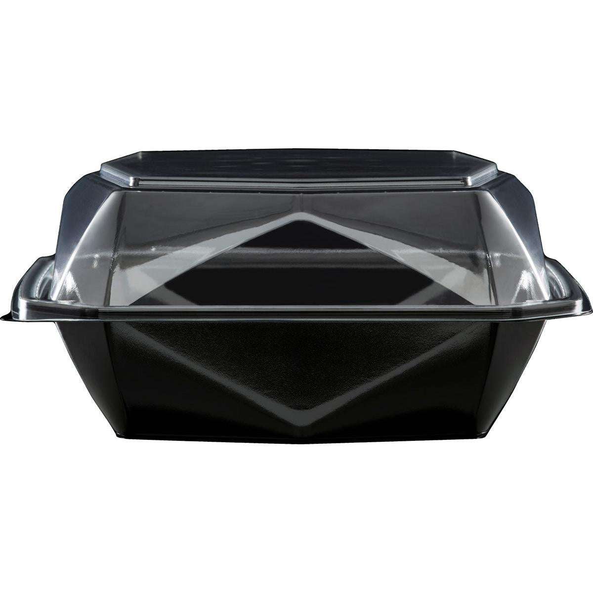 Recipientul de mâncare Octaview® M+ Negru/Transparent APET 185x185x90 al companiei Duni GmbH este prezentat închis, văzut din față, pe un fundal alb - o soluție ideală de ambalare transparentă pentru prezentarea alimentelor.