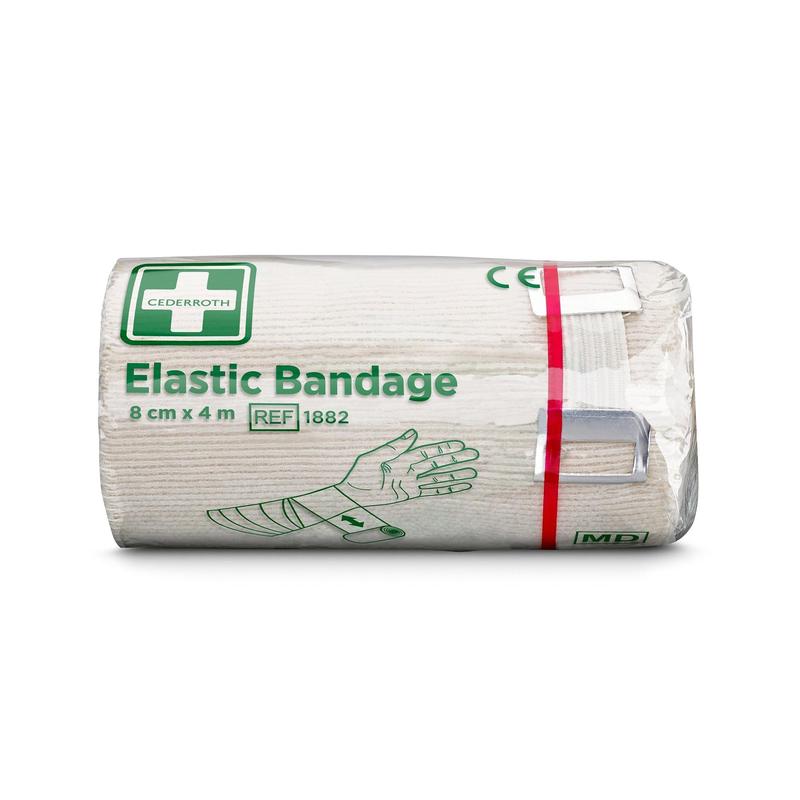Un rol Orkla Wound Care AB Bandaj elastic 8 cm x aprox. 4 m cu clemă (1 bucată) este livrat într-un ambalaj transparent cu o etichetă verde-albă care arată cum se aplică bandajul pe un braț.