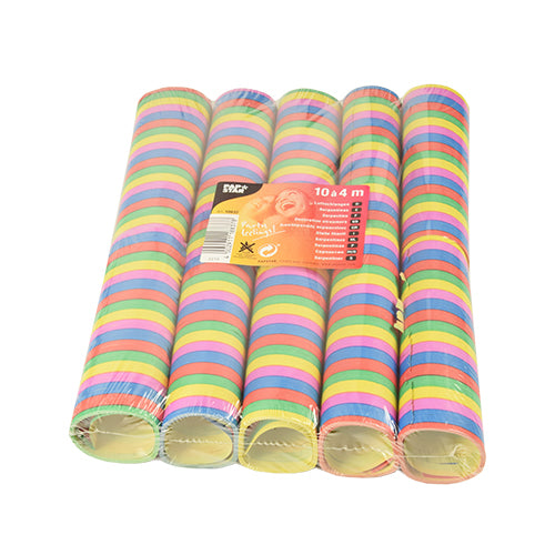 Zece serpetine ignifuge PAPSTAR "Dungi" (fiecare de 4 m) de la PAPSTAR GmbH vin într-un ambalaj transparent cu etichetă frontală. Serpetinele au mai multe culori strălucitoare, perfecte pentru decorarea petrecerii.