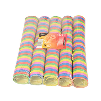 Zece serpetine ignifuge PAPSTAR "Dungi" (fiecare de 4 m) de la PAPSTAR GmbH vin într-un ambalaj transparent cu etichetă frontală. Serpetinele au mai multe culori strălucitoare, perfecte pentru decorarea petrecerii.