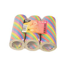 Trei role PAPSTAR 3 șiruri uriașe de serpetine (15 m, ignifuge) de la PAPSTAR GmbH, cu dungi diagonale colorate și ambalaj din plastic cu etichetă portocalie – ideale pentru decorarea petrecerilor.