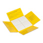 Un dosar galben, dreptunghiular, deschis, al 3M Deutschland GmbH arată patru blocuri albe de Post-it® Transparent Notes (73 mm x 73 mm, 36 foi/bloc, 12 blocuri/pachet) cu instrucțiuni negre în interior. Fundalul este alb.