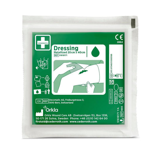 O ambalaj verde-alb cu inscripția „Cederroth Netzverband | Ambalaj (1 buc.)” de la Orkla Wound Care AB conține pe partea din față instrucțiuni ilustrate privind îngrijirea rănilor, detalii despre produs, informații despre companie și simboluri medicale.