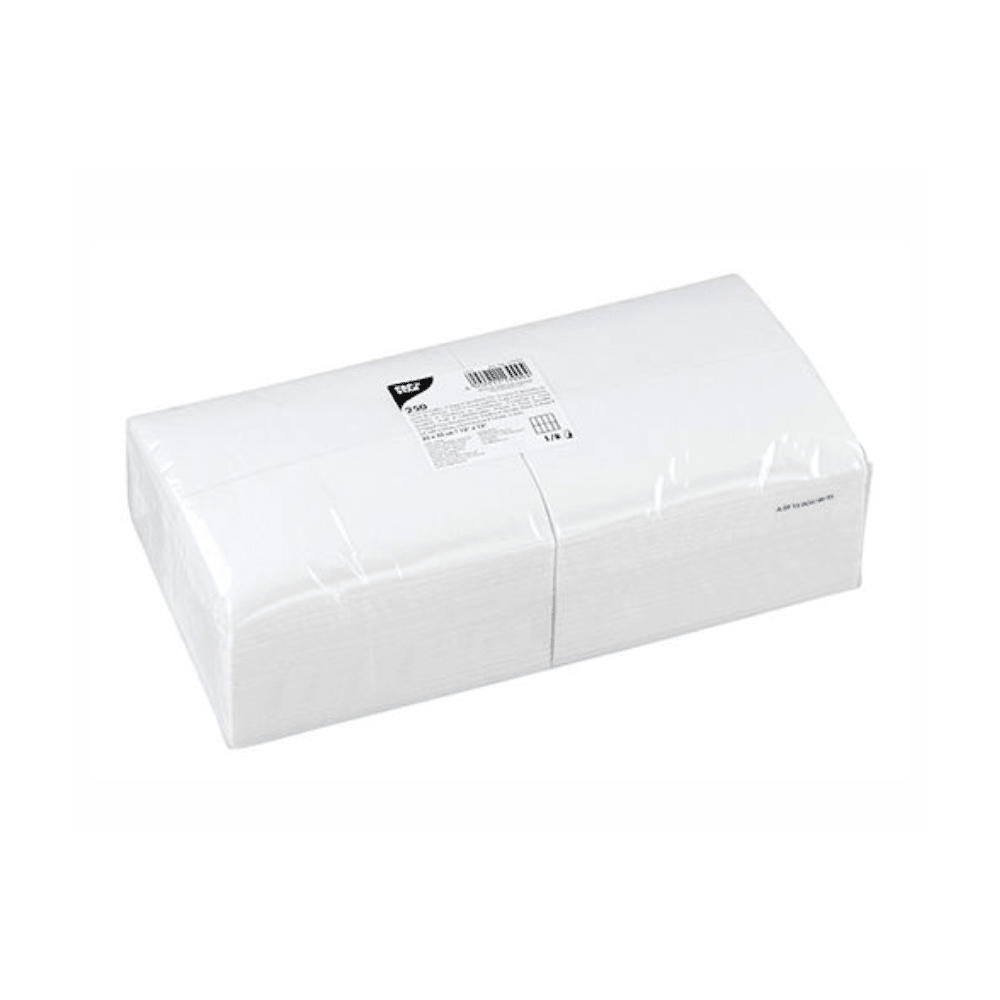 Imaginea prezintă un pachet de PAPSTAR șervețele 2-straturi, 33x33 cm, alb, pliere pe cap (250 bucăți) de la PAPSTAR GmbH într-o folie de plastic pe un fundal alb, cu o etichetă de produs cu cod de bare și informații de certificare FSC.