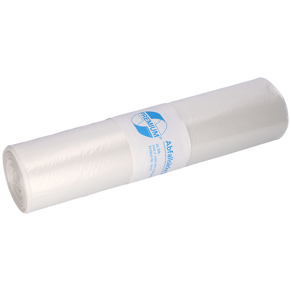 Un sac de gunoi transparent DEISS 19002, 700x1100 mm Tip 60, de la EMIL DEISS KG (GmbH + Co.), cu o etichetă albastru-albă în jurul rolei (25 bucăți), ilustrat pe un fundal alb simplu.