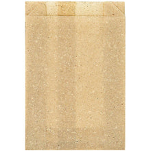 Eine hellbraune Graspapier-Tüte, Bloom Mini 175x120 mm von Duni GmbH, steht vor weißem Hintergrund. Die gesprenkelte Struktur und offene Oberseite machen sie ideal als nachhaltige Einkaufstüte oder Geschenkverpackung. Packung mit 500 Stück.