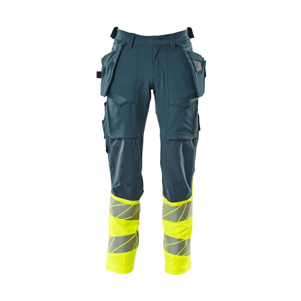 Pantaloni cu buzunare suspendate, pantaloni ULTIMATE STRETCH, petrol închis/galben de mare vizibilitate