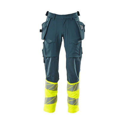 Pantaloni cu buzunare suspendate, pantaloni ULTIMATE STRETCH, petrol închis/galben de mare vizibilitate